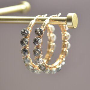 Black Rutilated Quartz Wire Wrapped Gold Hoops